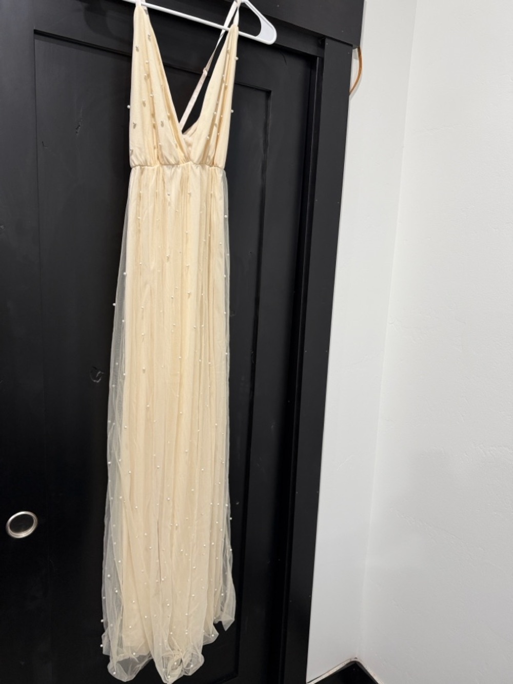 Cream Beaded Tulle Maxi Dress - Elegant V-Neck Evening Gown